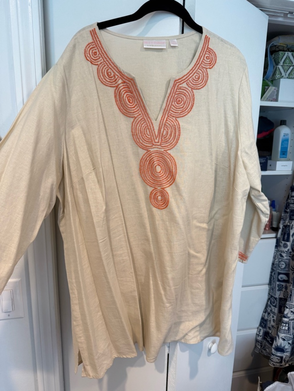 Belle by Kim Gravel Cream Tunic with Orange Embroidered V-Neck